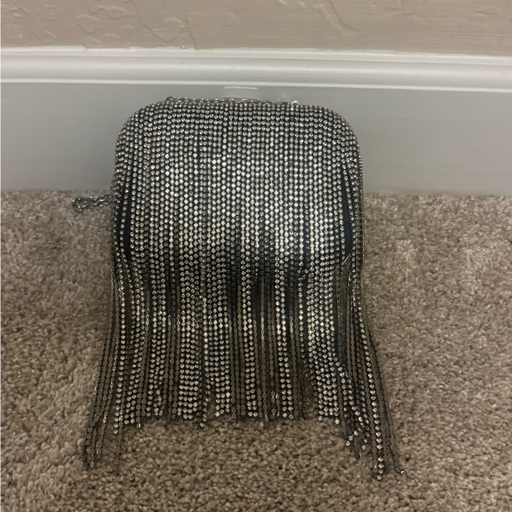 Silver Rhinestone Fringe Clutch